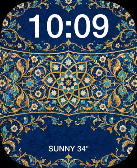 Blue and gold geometric ornament, with the time and the weather